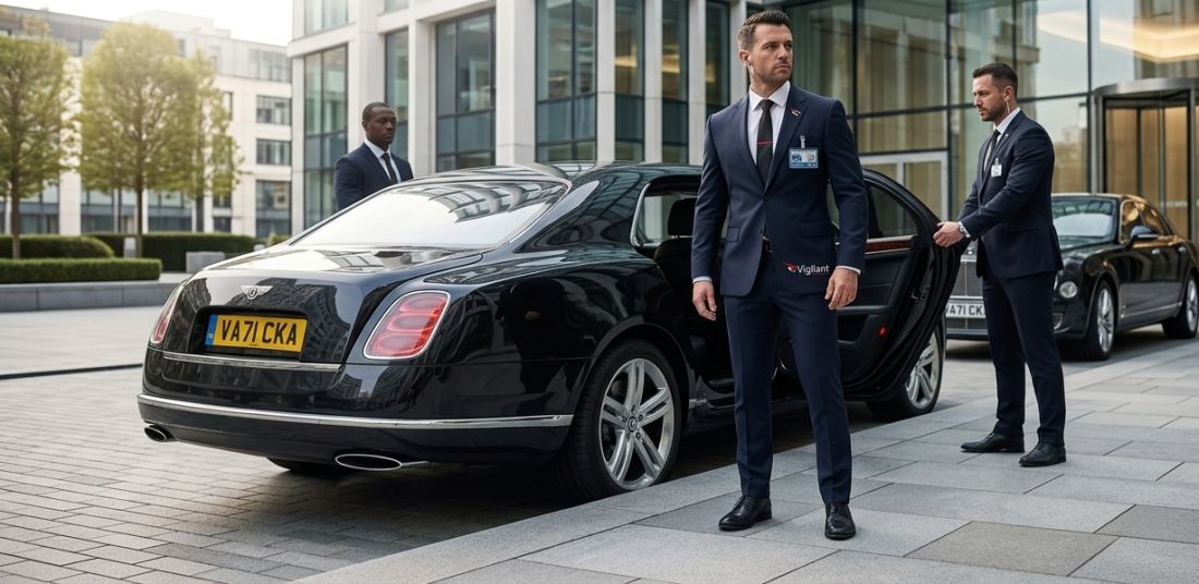Vigilant close protection officers escorting a client to a waiting vehicle