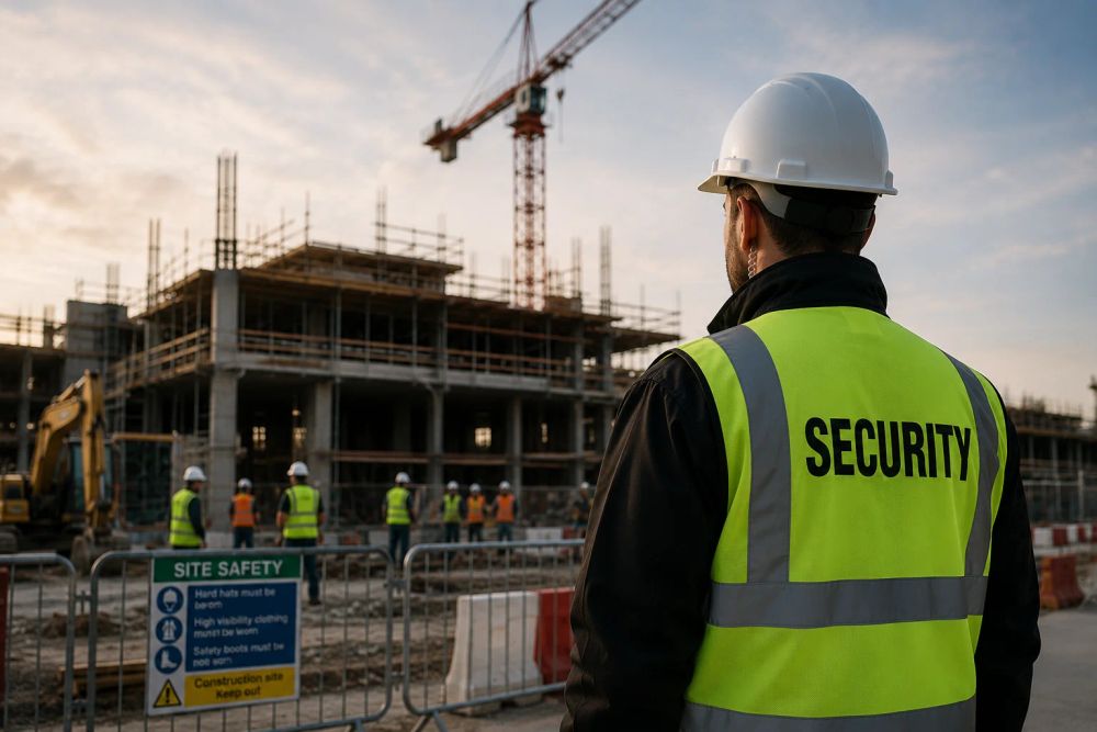 Security officer in hi-vis checking the boundary of a construction site