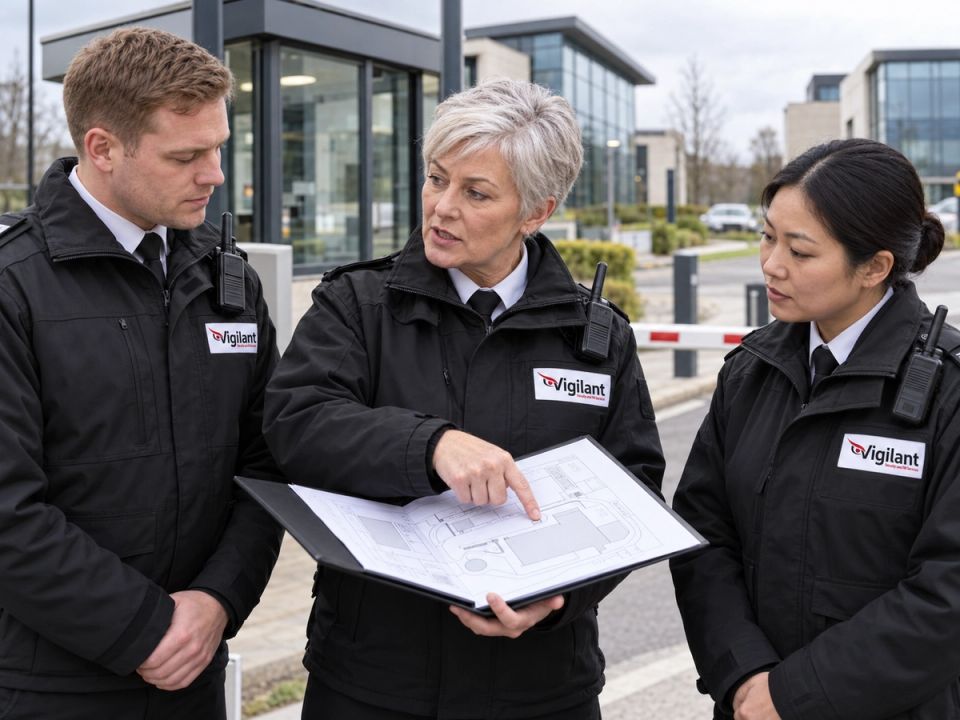 Vigilant control room operators monitoring guard check-calls and patrol logs