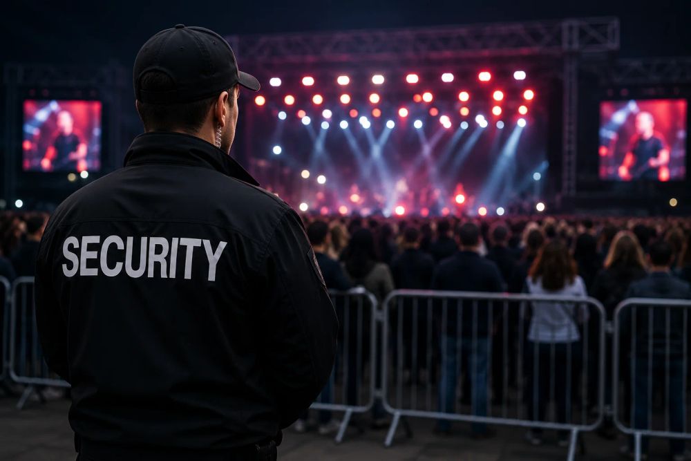 Event security officers watching the crowd barrier at a live concert
