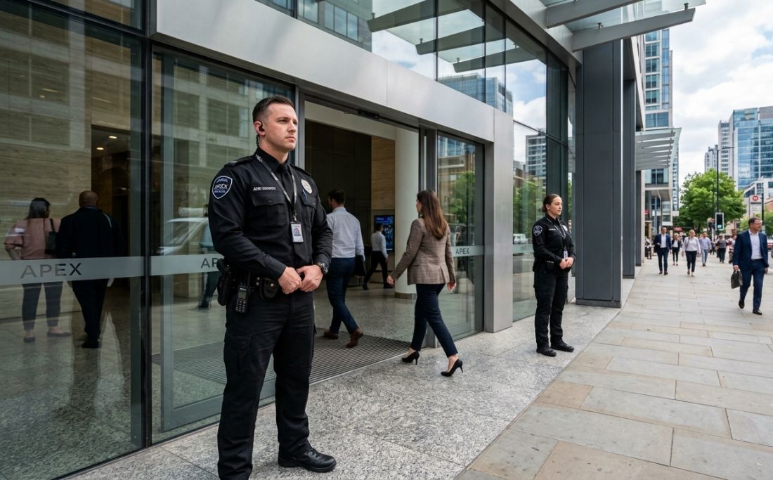SIA-licensed security officers on duty outside a UK commercial building