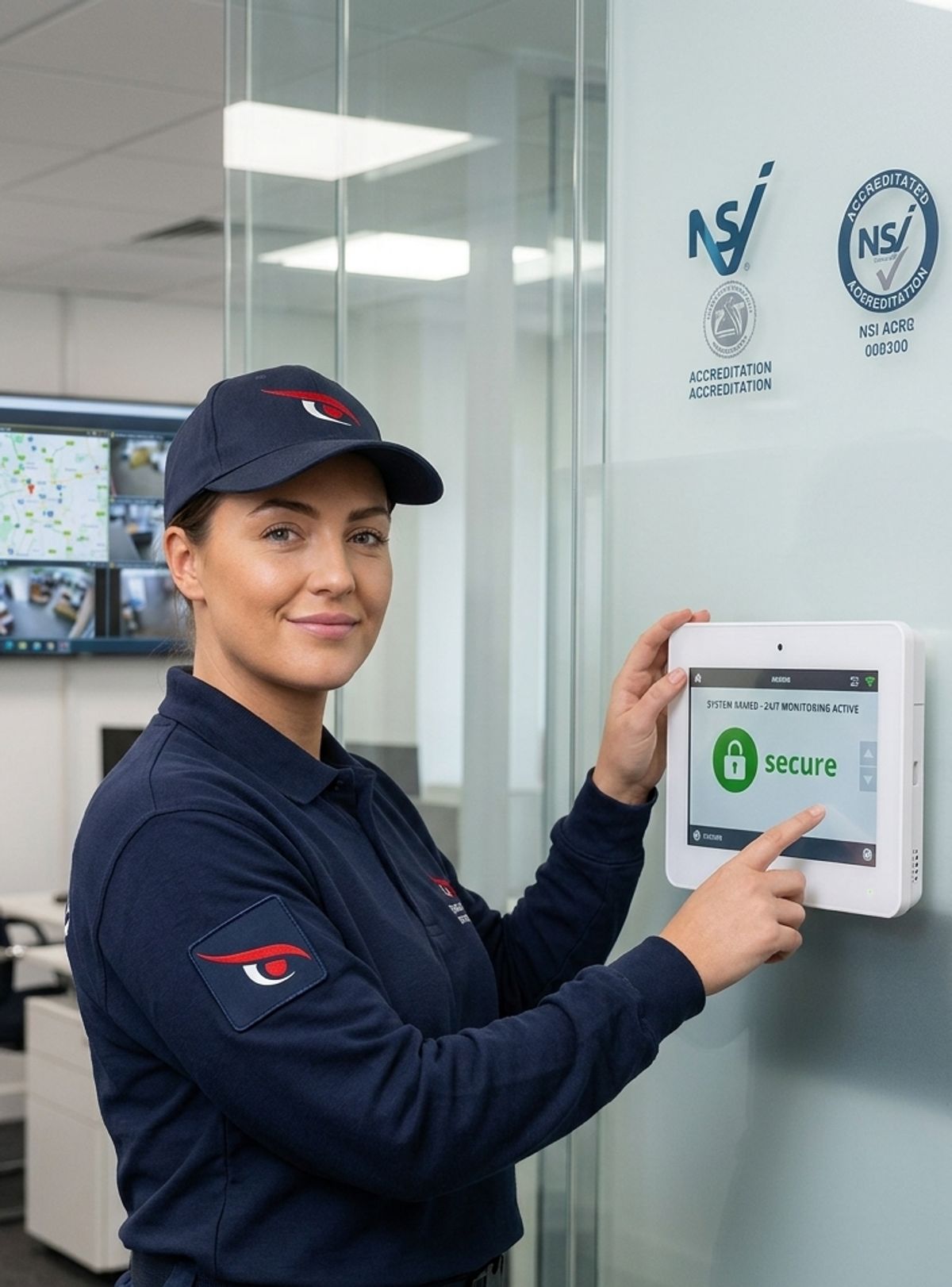 Security technician setting a monitored intruder alarm keypad