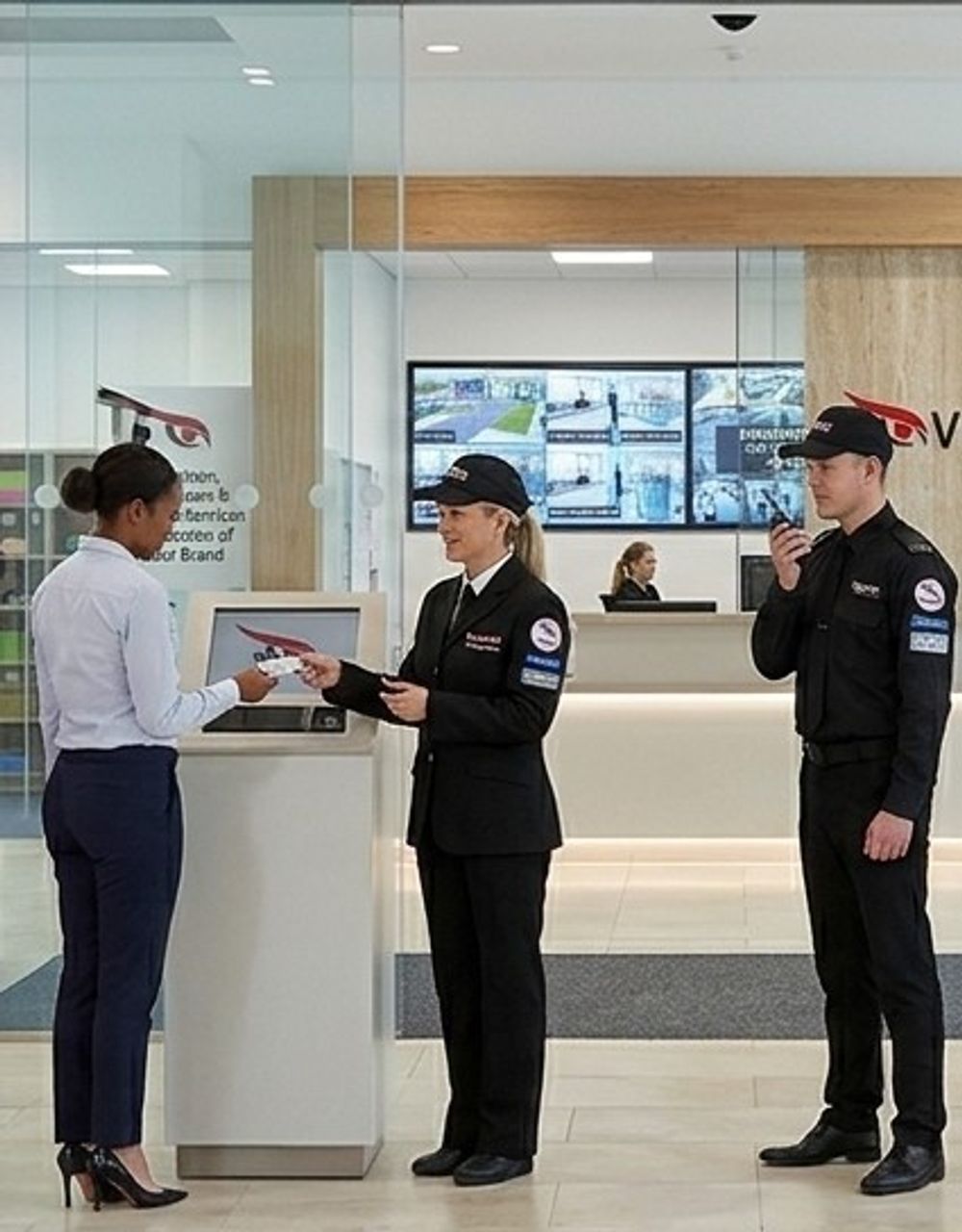 Door supervisor verifying a visitor's identification at an entry desk