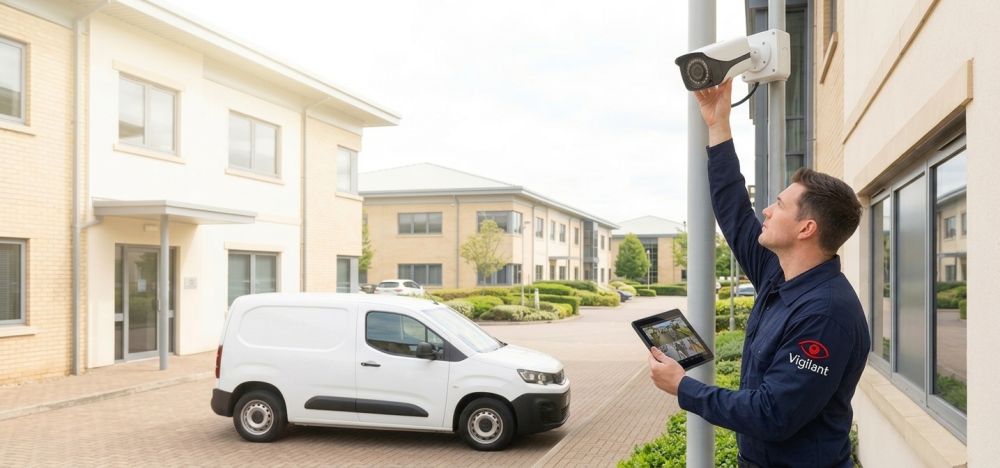 Engineer installing an outdoor CCTV camera at a business park
