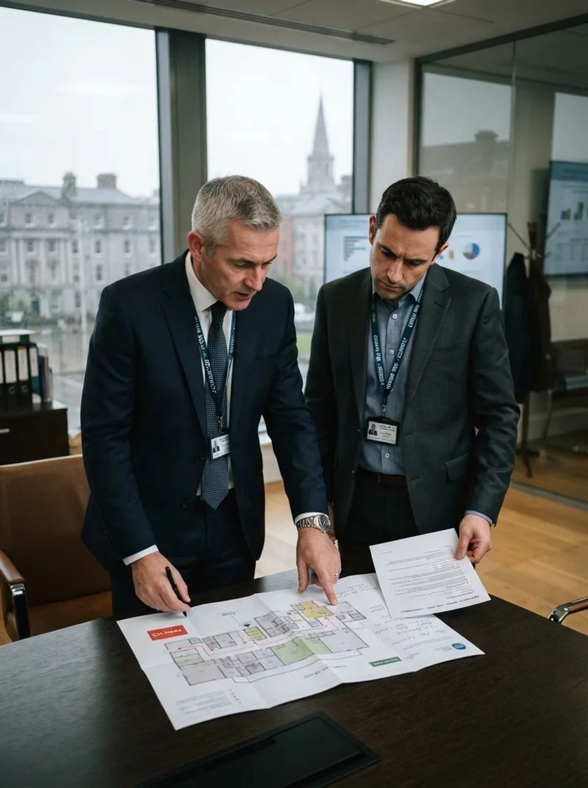 Close protection team leads reviewing venue floor plans