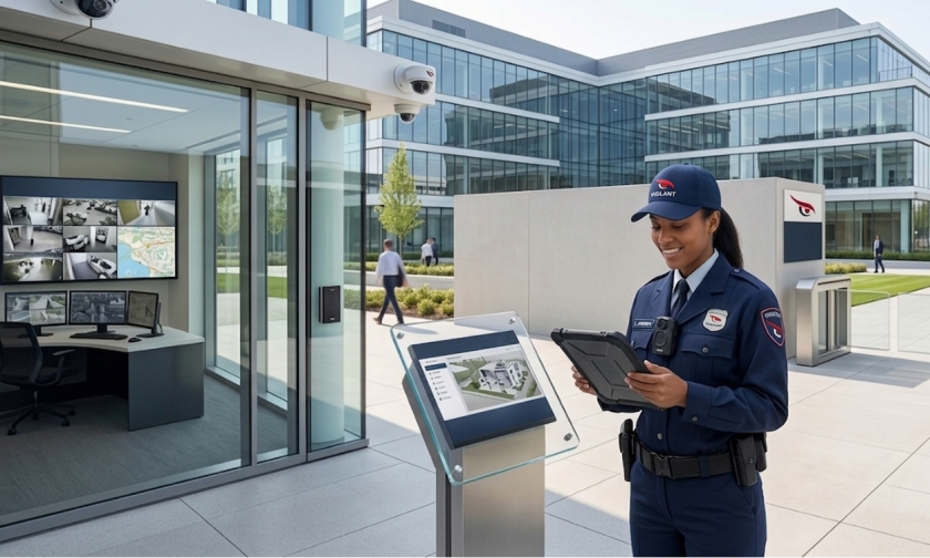 Engineer checking a CCTV system on a tablet outside a commercial building