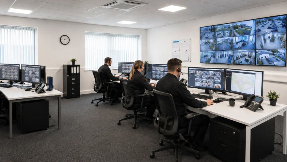 Monitoring centre operators watching live CCTV feeds