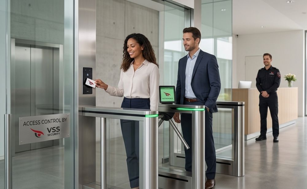 Staff entering an office through access-controlled turnstiles
