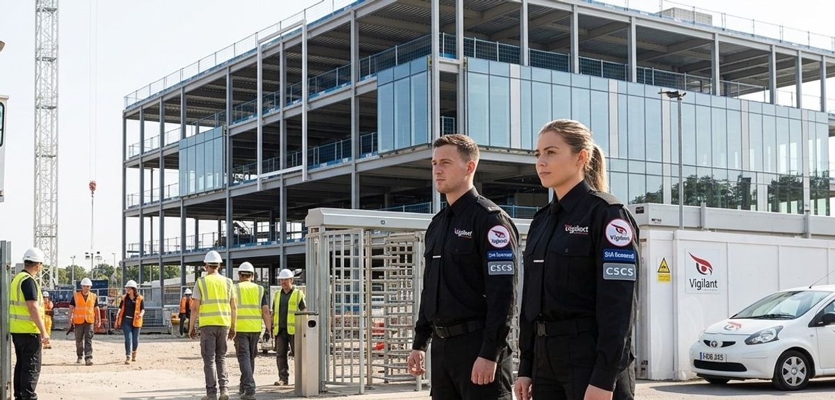 SIA-licensed security officers managing turnstile access at a construction site