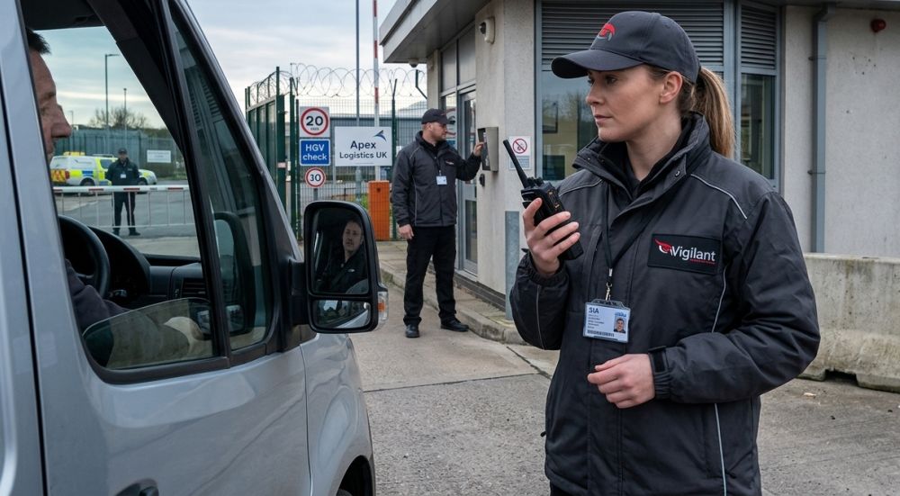 Uniformed response officer using a radio beside a patrol vehicle