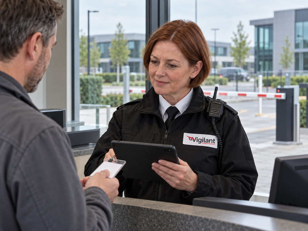 SIA-licensed security guard managing turnstile access at a commercial building