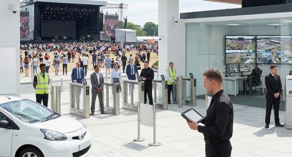 Security supervisor logging entry activity on a tablet at a venue gate