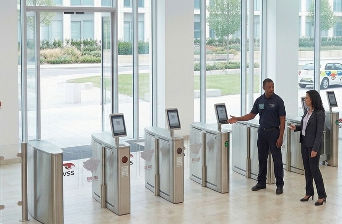 SIA-licensed security guard managing turnstile access at a commercial building