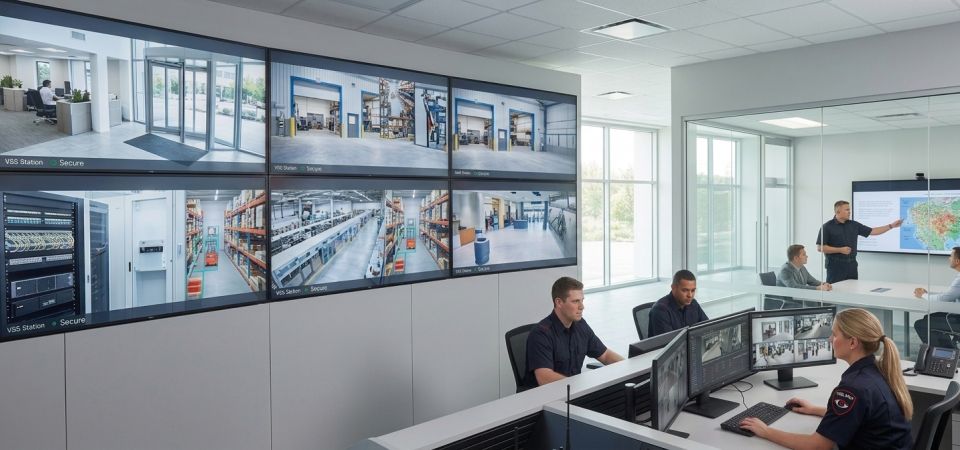 Operators reviewing recorded CCTV footage on a video wall