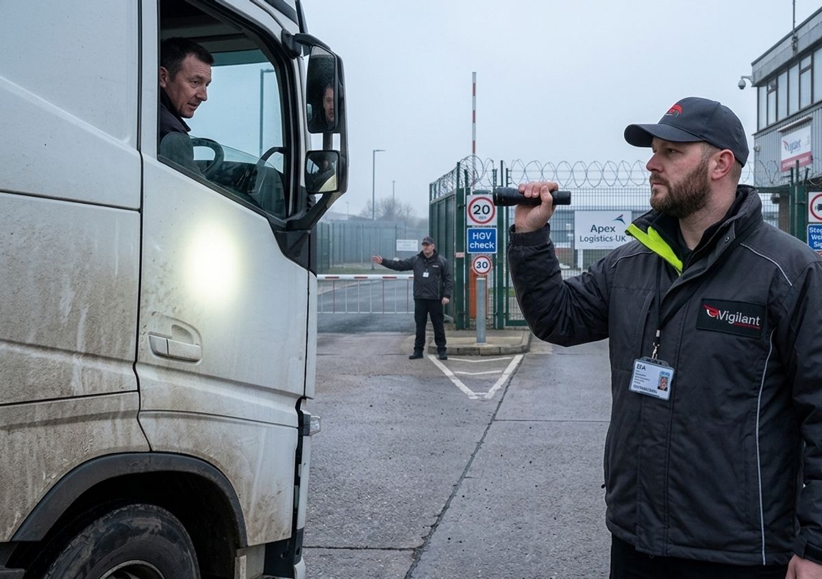 Response officer with a torch checking a commercial yard at night