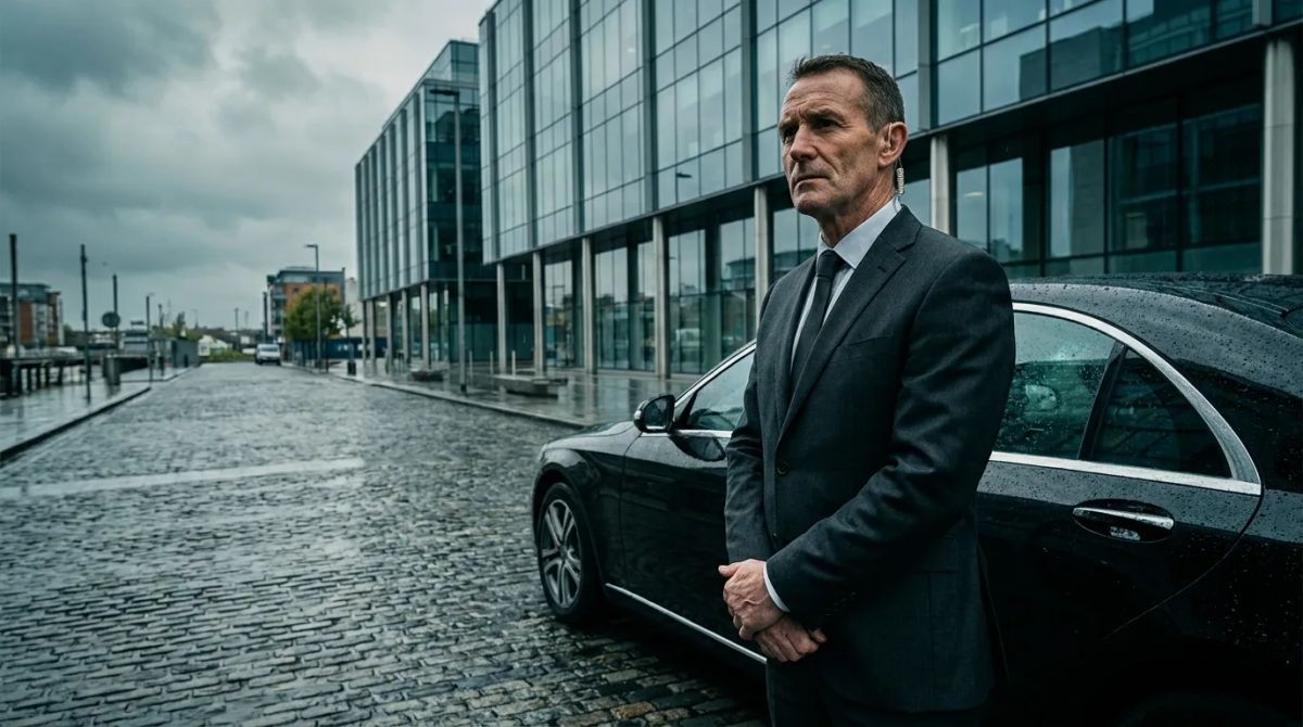 Close protection officer standing beside a client vehicle outside an office building