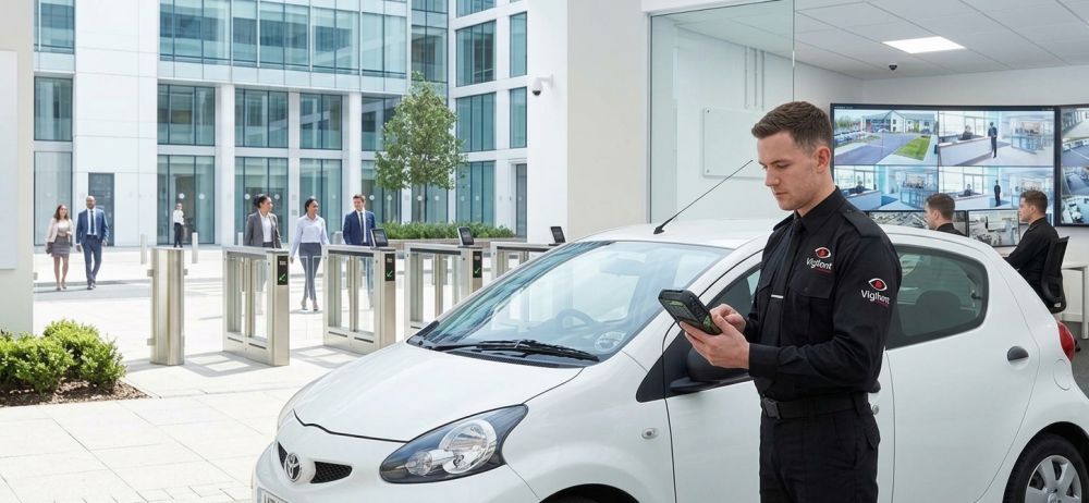 SIA-licensed response officer arriving at a commercial site in a Vigilant vehicle