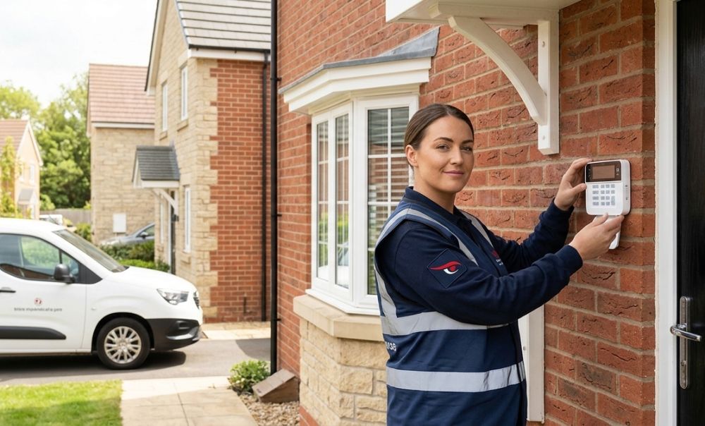 Technician testing an intruder alarm keypad at a property entrance