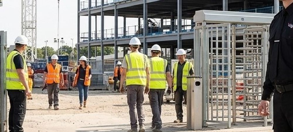 Contractors passing through a guarded construction site turnstile