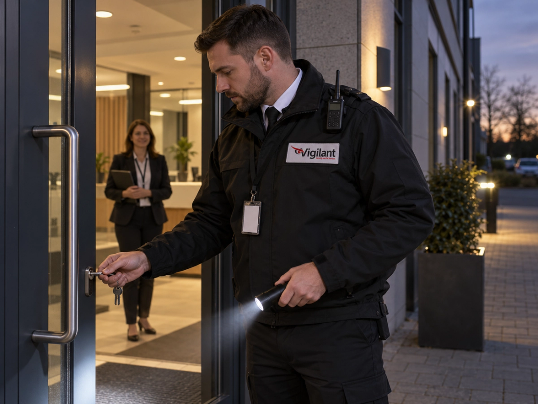 Vigilant security officer meeting a client at the entrance to a UK business park