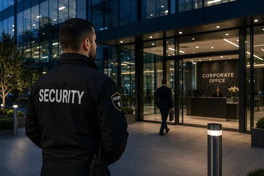 Vigilant security officer outside a corporate office entrance at dusk