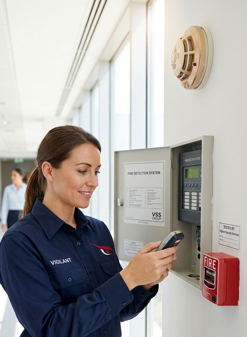 Engineer inspecting an alarm control panel during a system survey