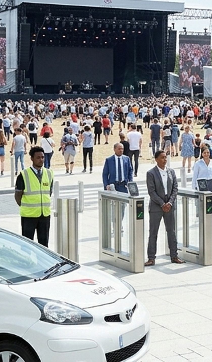 SIA-licensed door staff managing a queued entry point at a live venue
