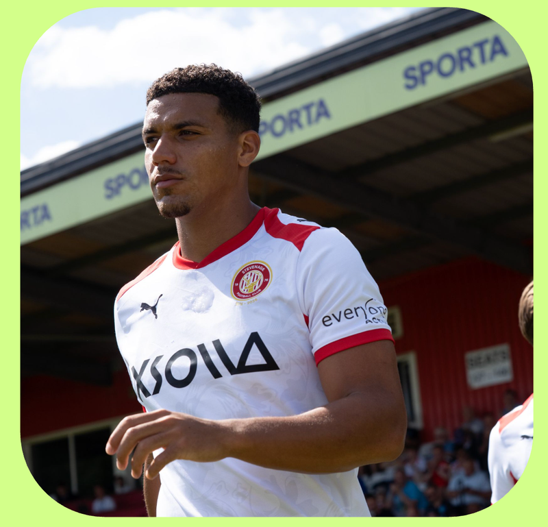 Image of Stevenage Football Club Player Luther James-Wildin with SPORTA Arena branding.