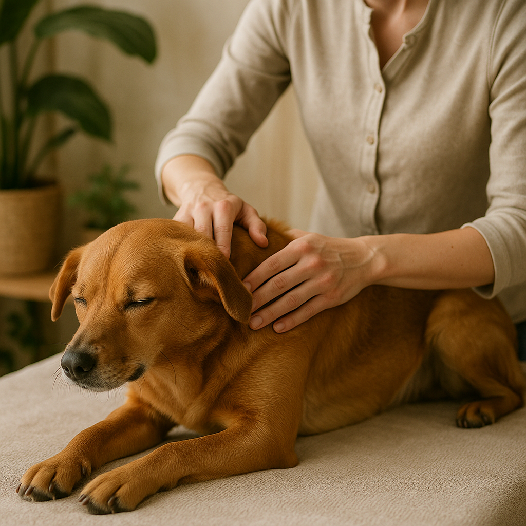 a woman is giving a dog a massage on a table