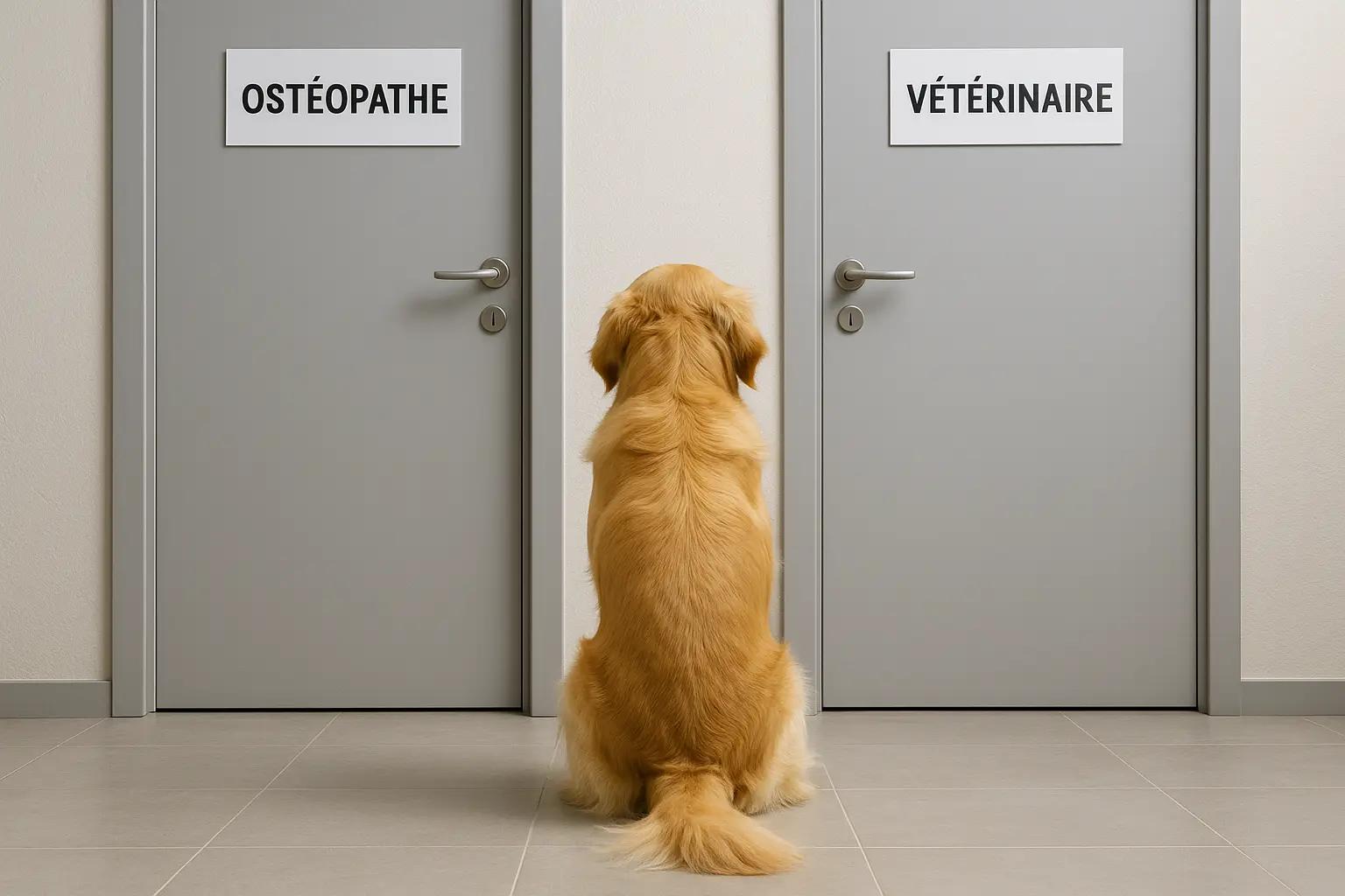 L'image montre un chien assis devant deux portes dans un cabinet vétérinaire / un cabinet d'ostéopathie animal.