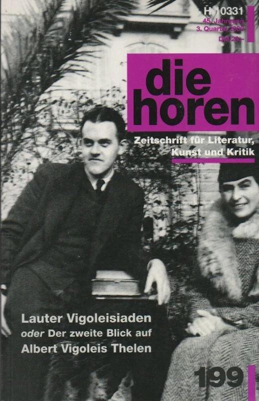 Magazine cover for "die horen" featuring a black and white photo of Albert Vigoleis Thelen and a woman seated outdoors, with the magazine title in a magenta box
