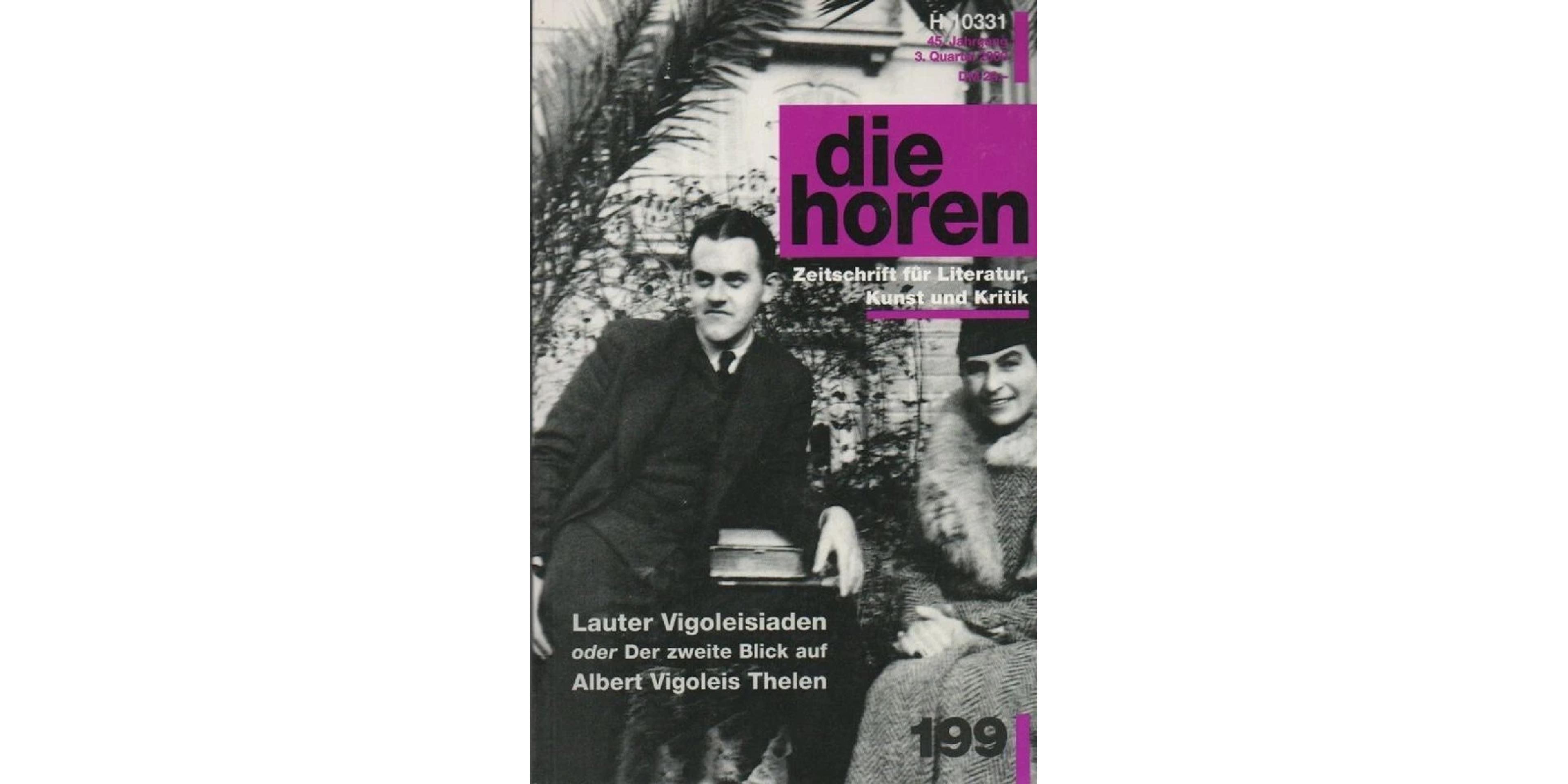 Magazine cover for "die horen" featuring a black and white photo of Albert Vigoleis Thelen and a woman seated outdoors, with the magazine title in a magenta box
