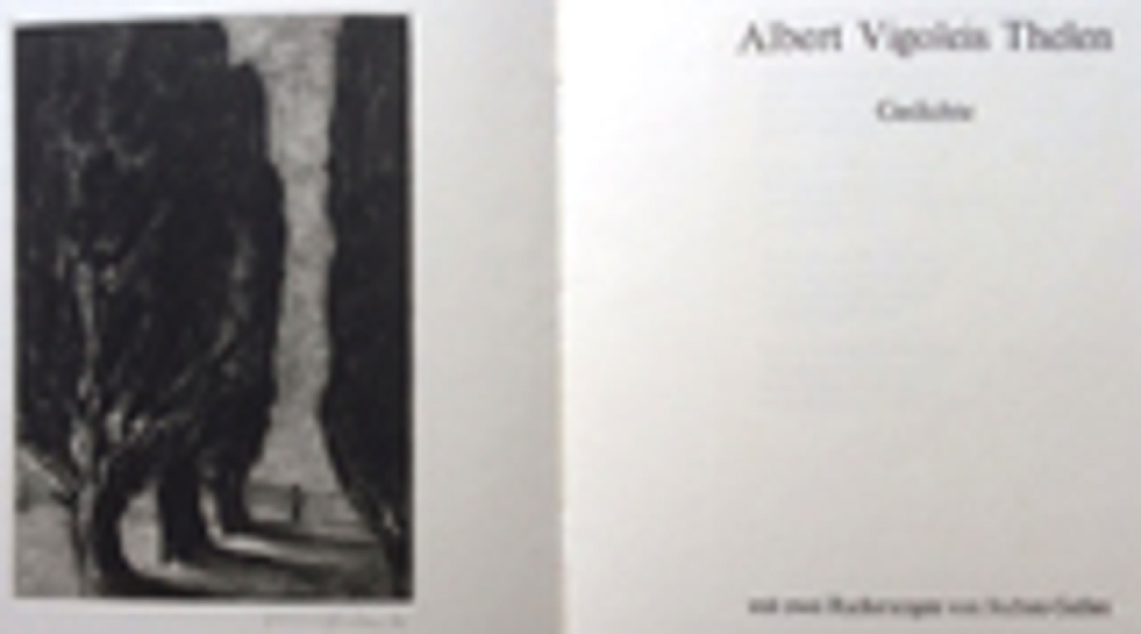 Open book with a stark, dark illustration of trees on the left page, and a title page for "Albert Vigoleis Thelen Gedichte" on the right.