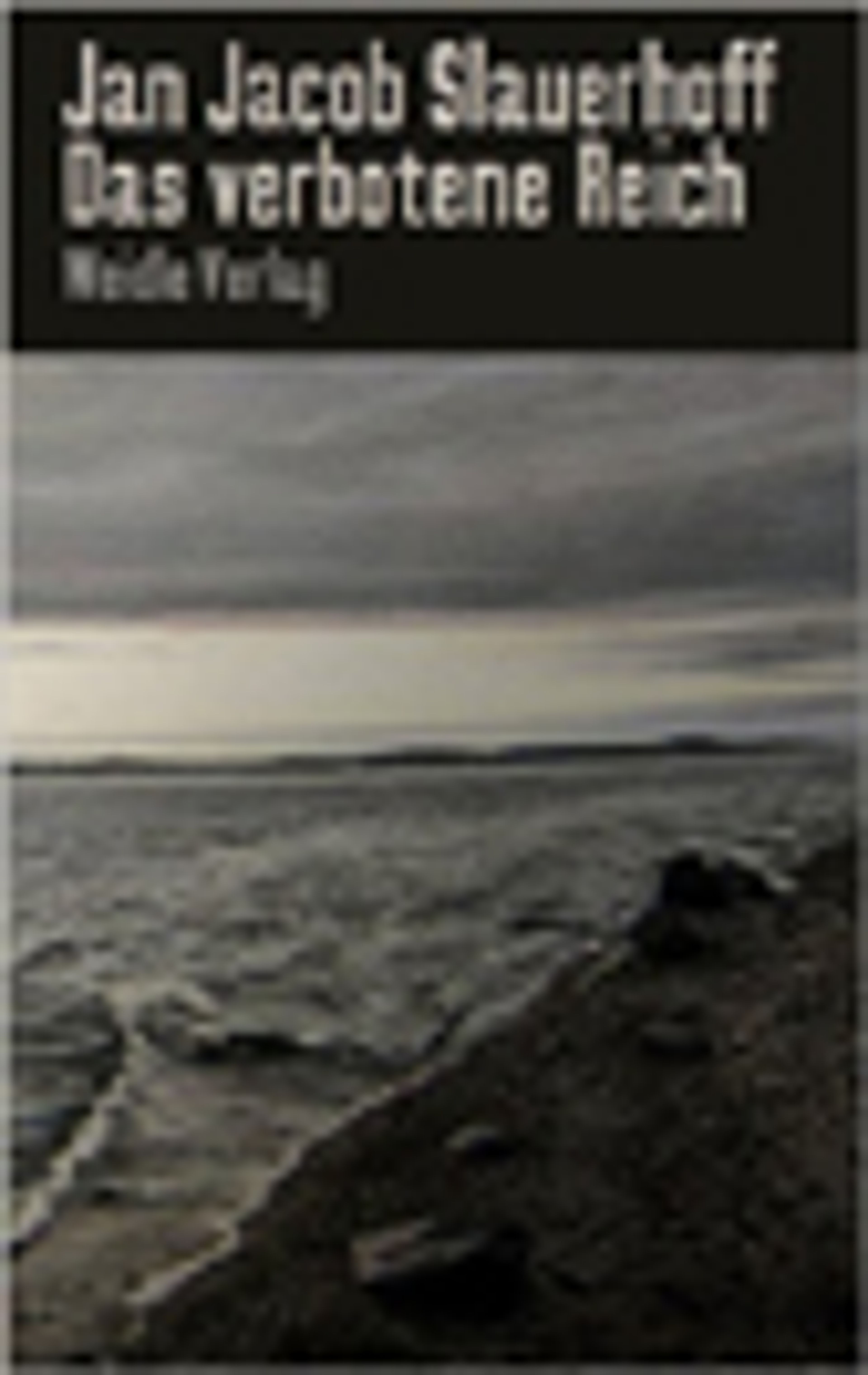 Book cover for "Das verbotene Reich" by Jan Jacob Slauerhoff, showing a dark, rocky coast and grey, choppy sea under a cloudy sky.