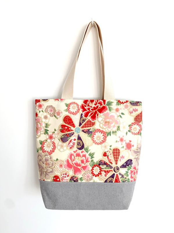 Sac cabas beige motifs fleurs