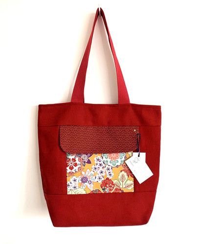 Cabas rouge seigaiha et fleuris