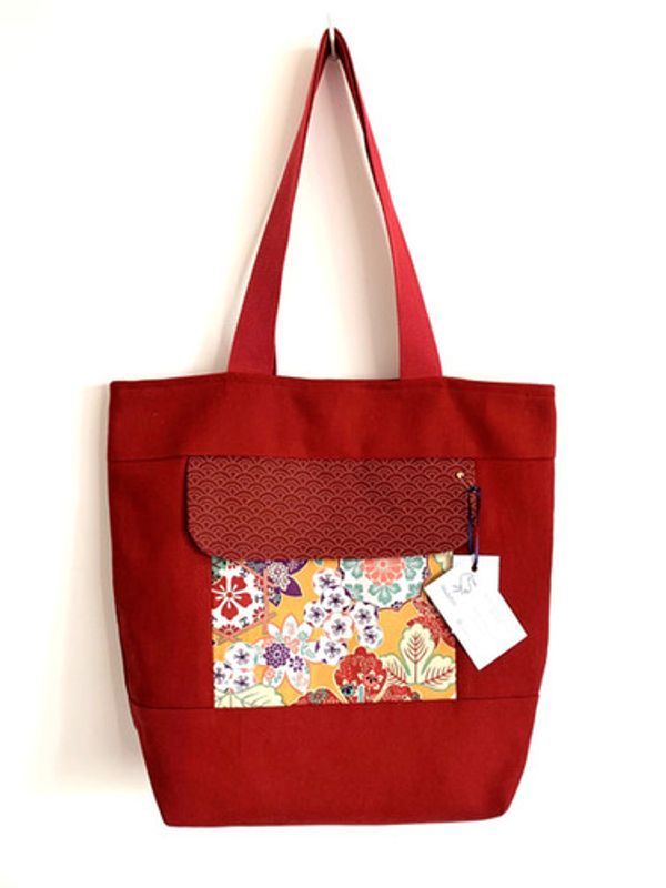 Cabas rouge seigaiha et fleuris