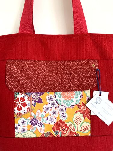 Cabas rouge seigaiha et fleuris