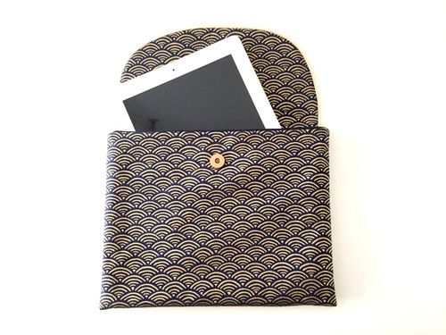 Housse tablette seigaiha bleu or