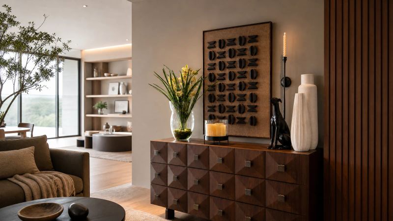 Casa cálida con aparador de madera, jarrones, planta y luz suave.