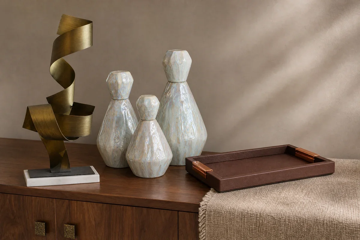 Materiales y texturas para una oficina elegante con cerámica, latón, madera y bandeja café.