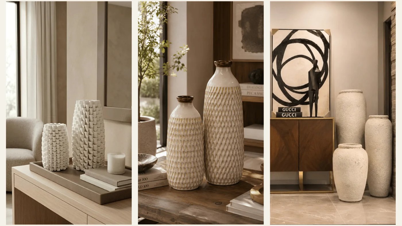 Composición con jarrones decorativos pequeños, medianos y grandes en distintos ambientes.