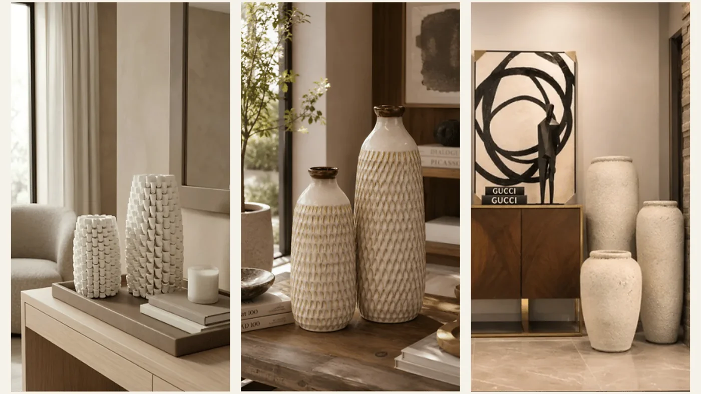 Composición con jarrones decorativos pequeños, medianos y grandes en distintos ambientes.