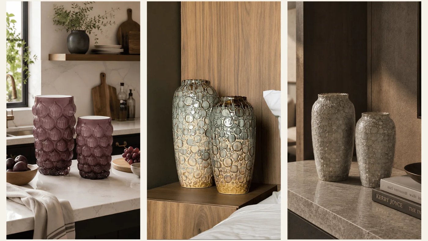 Tres composiciones de jarrones con relieve, brillo y superficies texturizadas.