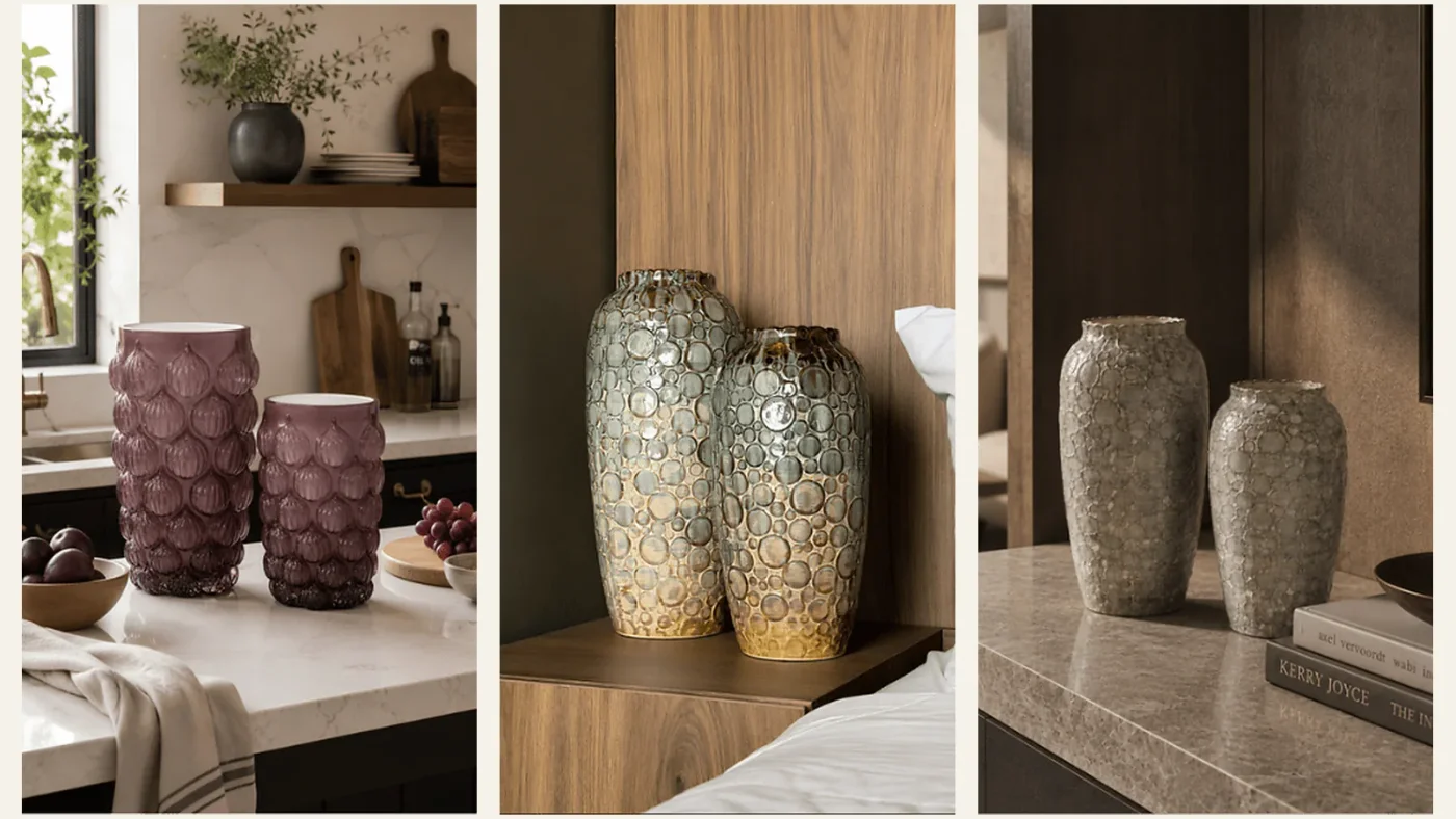 Tres composiciones de jarrones con relieve, brillo y superficies texturizadas.