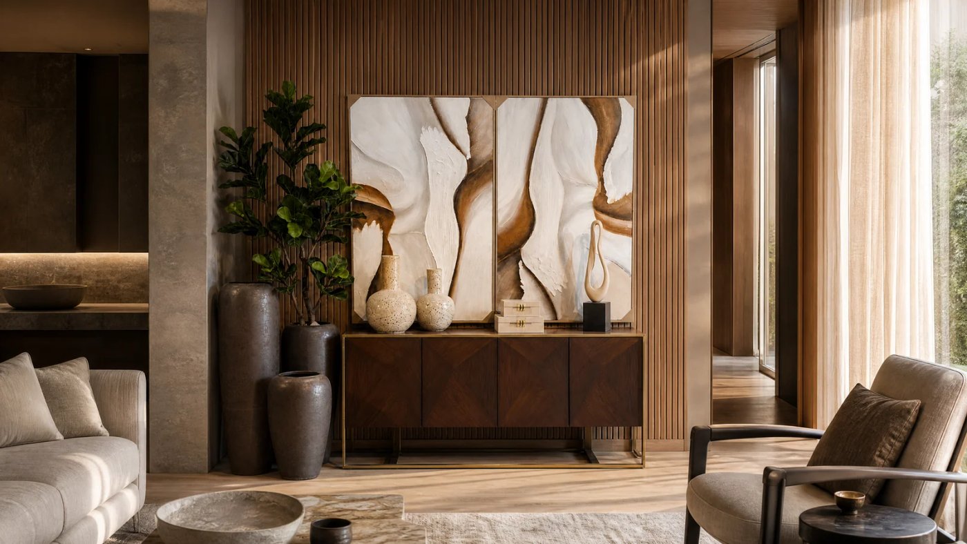 Interior cálido con aparador de madera, jarrones, planta y luz natural.