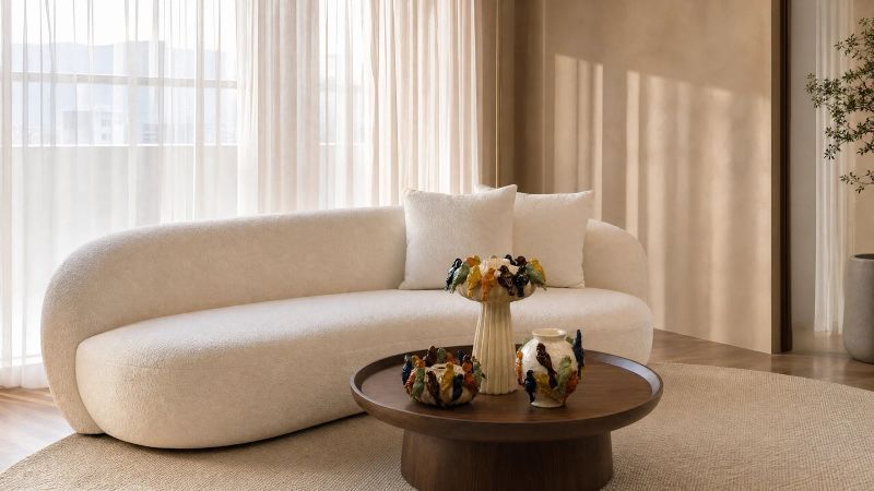 Sala decorada con pocos objetos, mesa de centro de madera y tonos neutros.