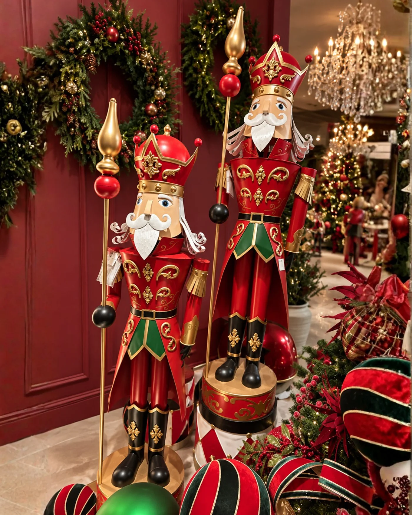 Figuras altas de cascanueces junto a un árbol navideño decorado.
