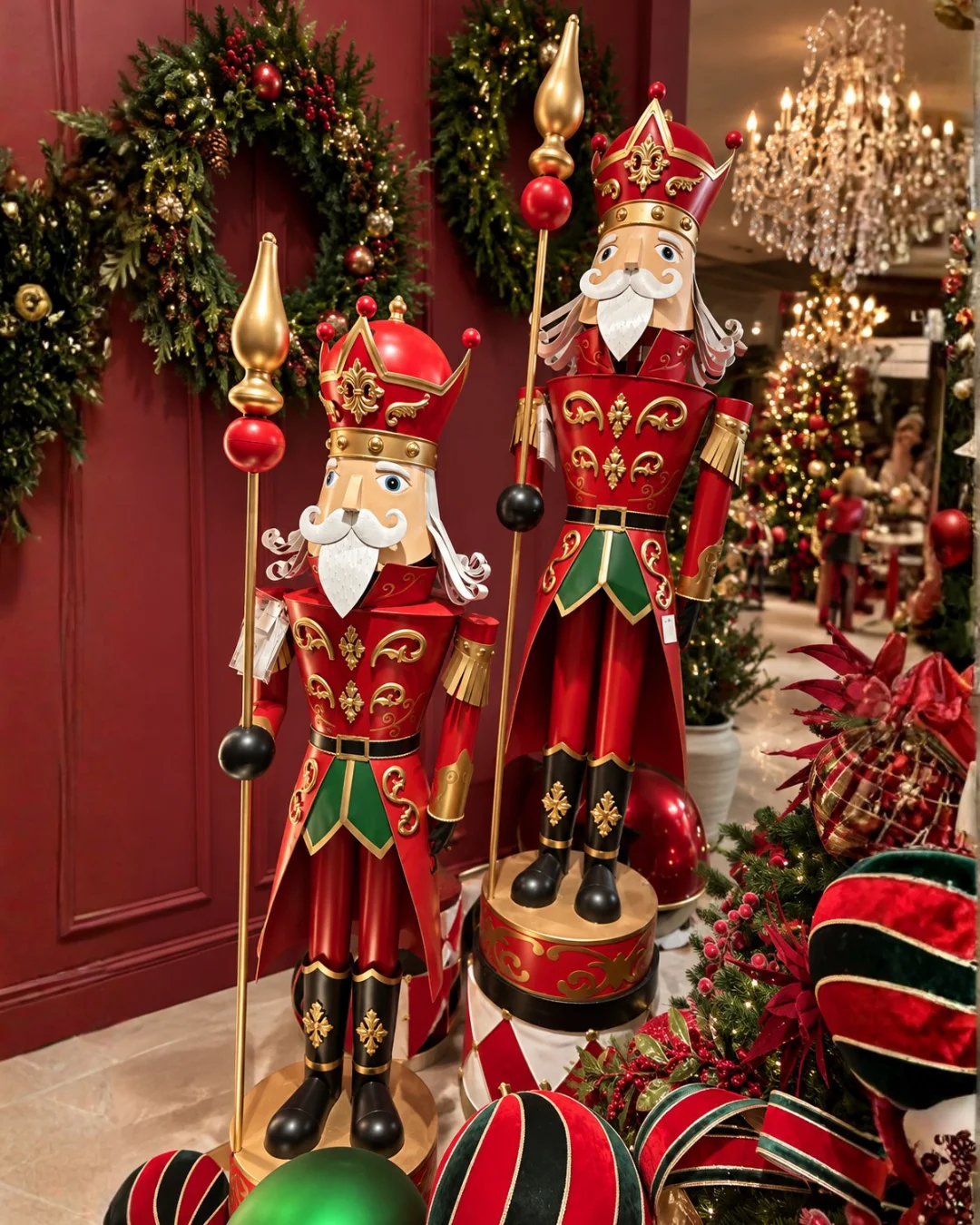 Figuras altas de cascanueces junto a un árbol navideño decorado.