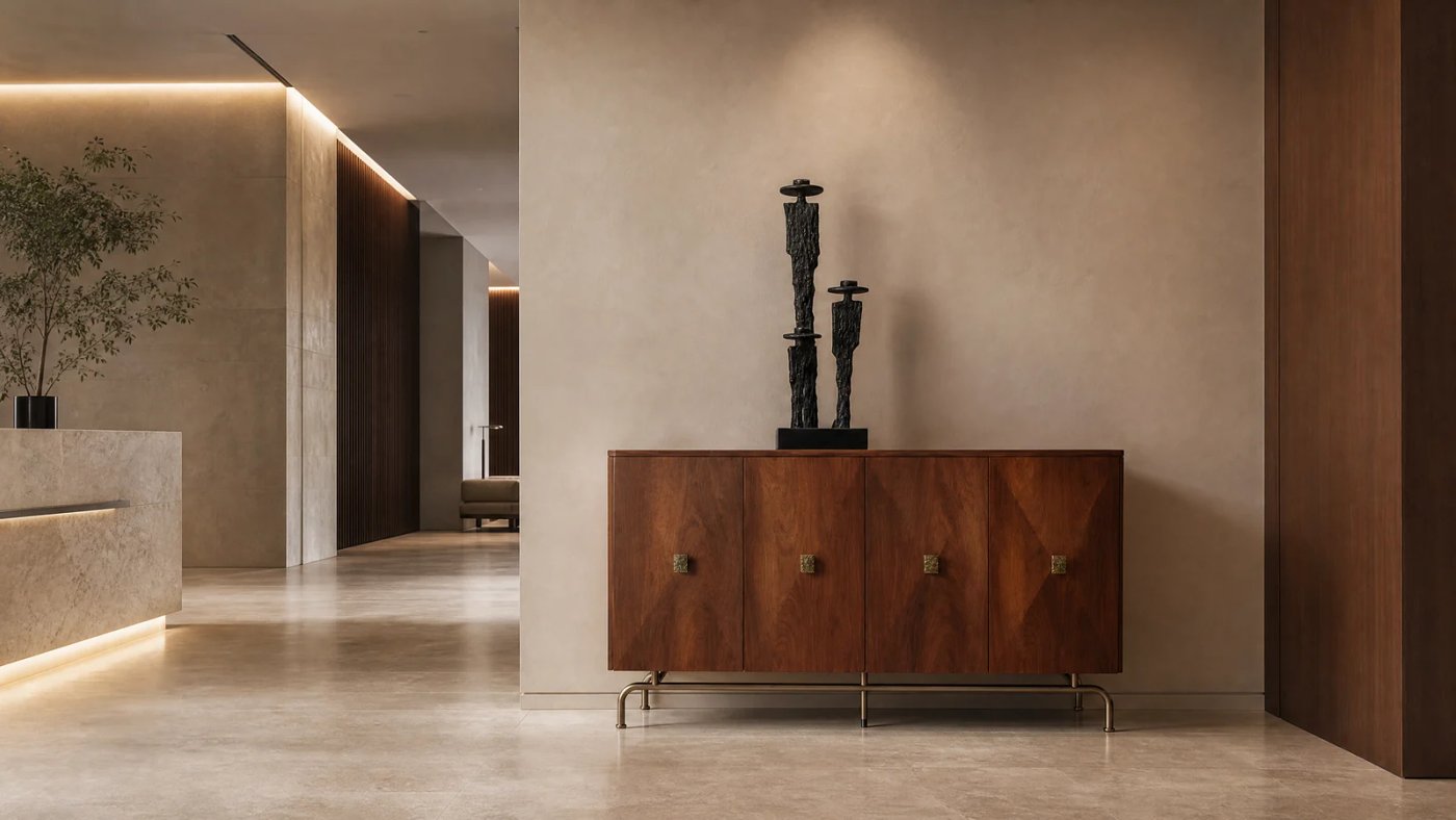 Quiet Luxury en interiores corporativos con escultura de acero negro, madera y piedra clara.